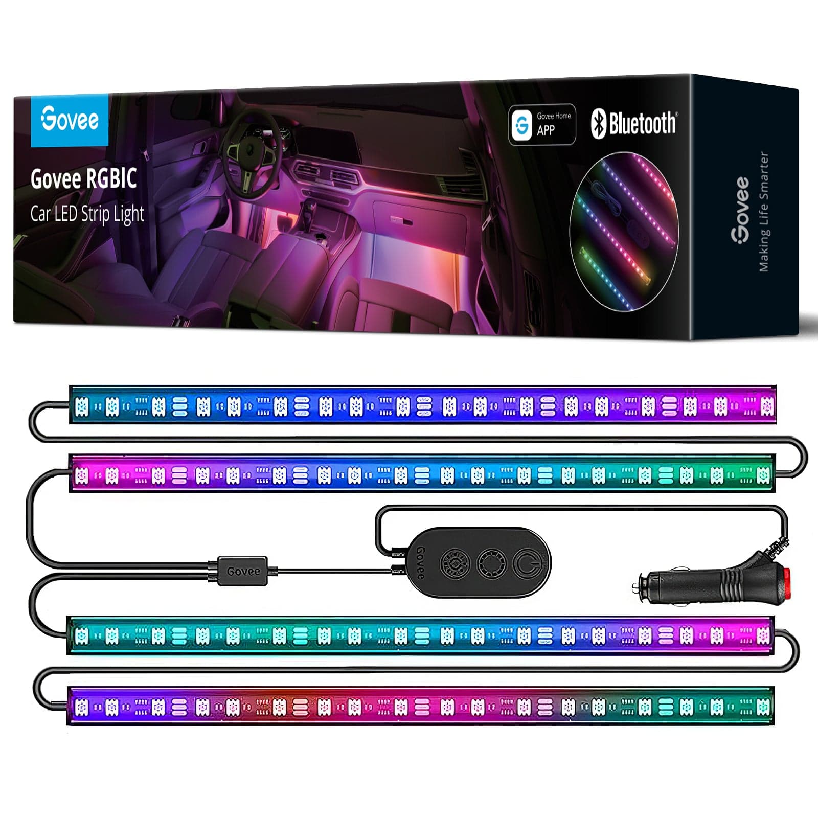 Govee RGBIC Interior Car Lights with App Control, Segmented Colour, 2-Line Design Lighting Kit, DIY Effects, Music and 30 Scene Modes for Cars — detail 1